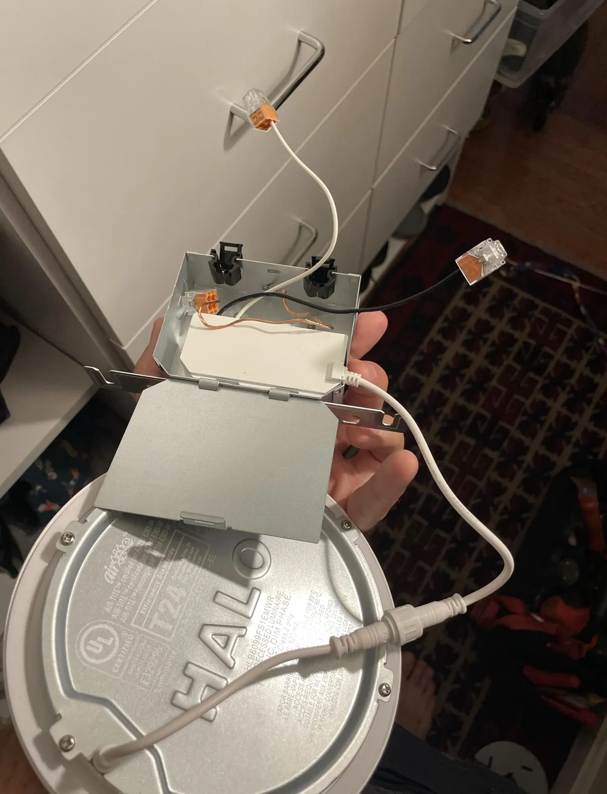 Ceiling light fixture rough-in wiring before the fixture is mounted